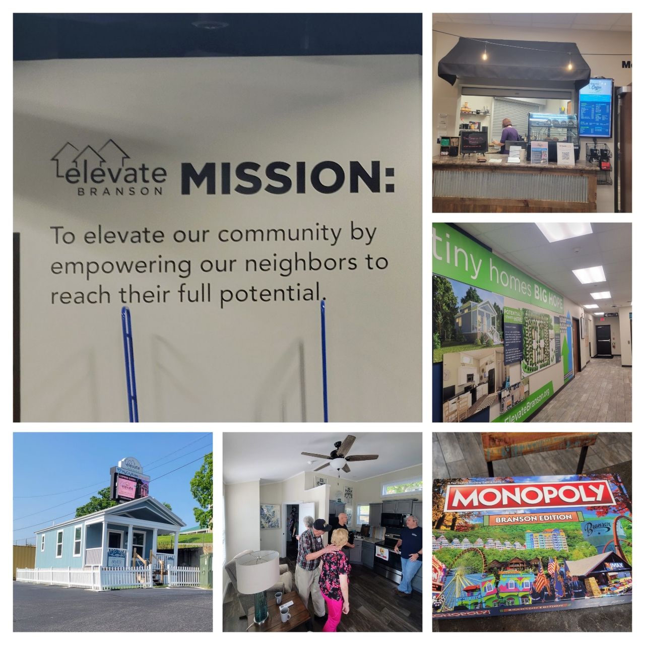 A collage of images: Mission, hallway, Monopoly game, tiny house and people touring the tiny house.